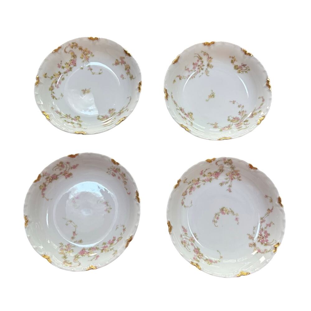 Vintage Haviland Limoges berry bowls small coupes (4) pink floral & gold trim